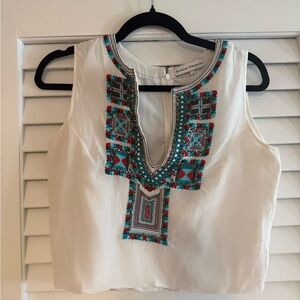 Karina Grimaldi Ivory and Turquoise Embroidered Top